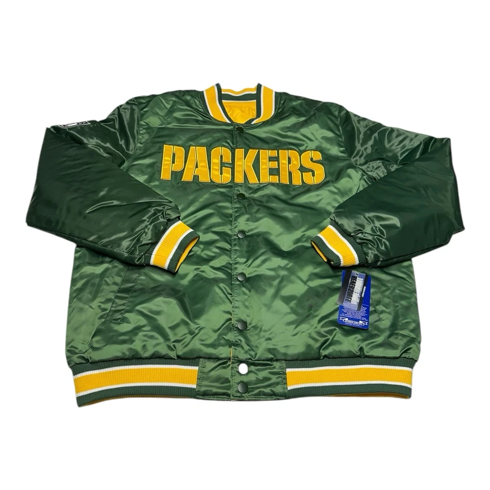 Starter Green Bay Packers Reversible Jacket Mens M NFL Faux Satin Bomber Retro - Image 2 of 4
