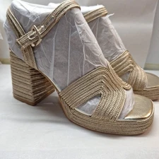 Crown Vintage DELANNA Goldtone WOVEN Platform SANDAL Heels Size 10 M