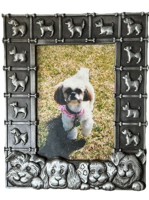 Photo Frame Dog 7x6'' Metal Silver Toned Relief 3D Border Vertical Picture