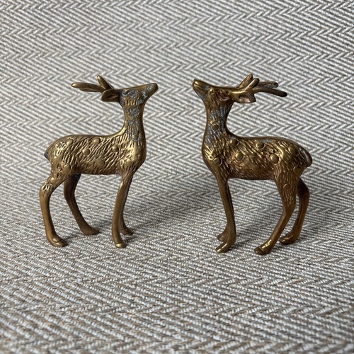 Vtg Solid Brass Figures Statues Spotted Buck and Doe Deer Textured Set 2