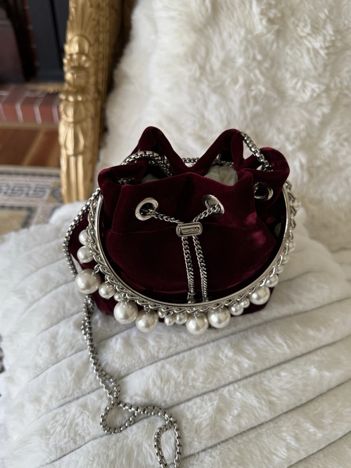 JIMMY CHOO бархата ведро сумка бисером цепочка ремень шнурка Bon Bon жемчуг красный - Изображение 4 из 4