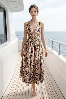 NWT Caroline Constas NY Floral Midi Dress Size L Cotton Modal Cutout Smocked