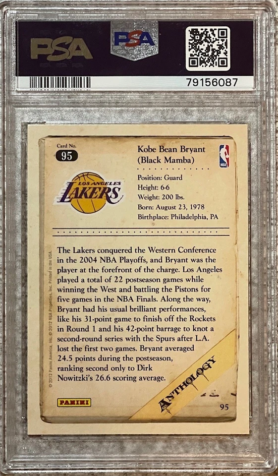 2012 PANINI ANTHOLOGY KOBE BRYANT #95~PSA 10~MINT SLAB~POP ONLY 9~AWESOME!! - Image 4 of 4
