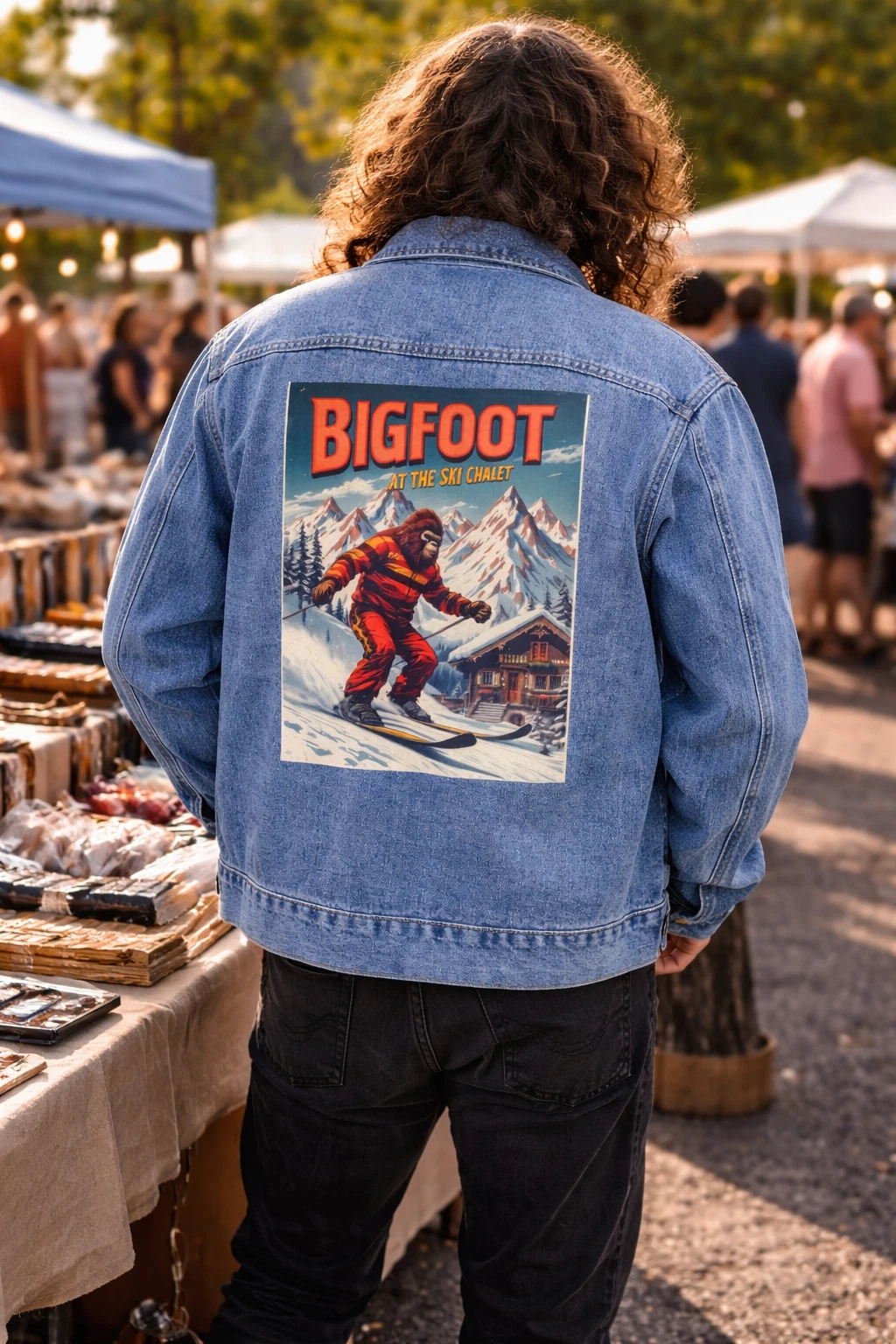 Bigfoot At The Ski Chalet Skiing Jacket | Blue Jean Denim Jacket VTG Ski Poster