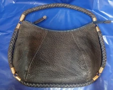 VtgAntonioMelaniSholderPurseGrayNavyBrassPebbledLeatherBraidedTwistStrapZipYel
