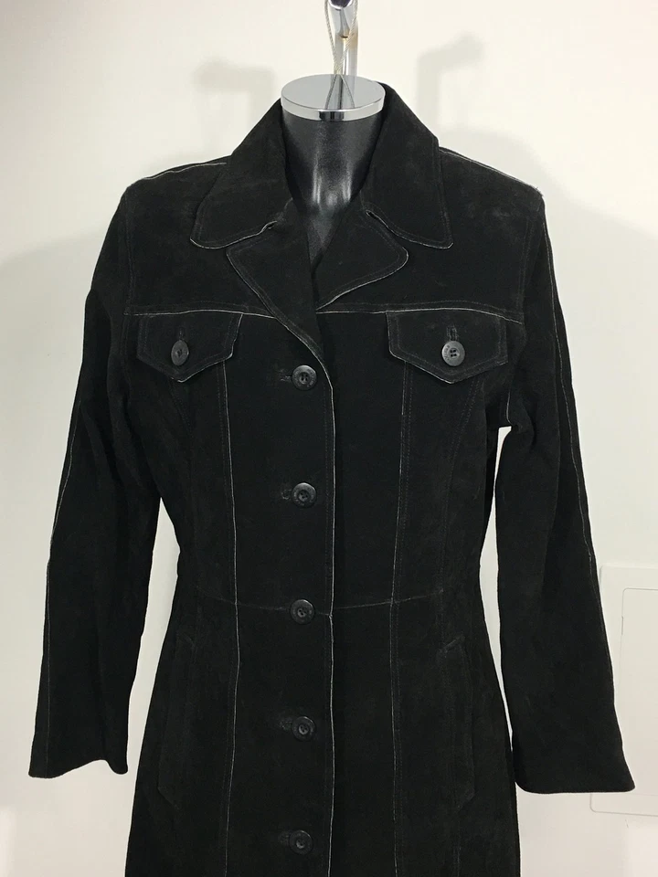Wilsons Maxima Black Suede Trench Coat 55" Long Button Closure Label Size M  - Image 2 of 4