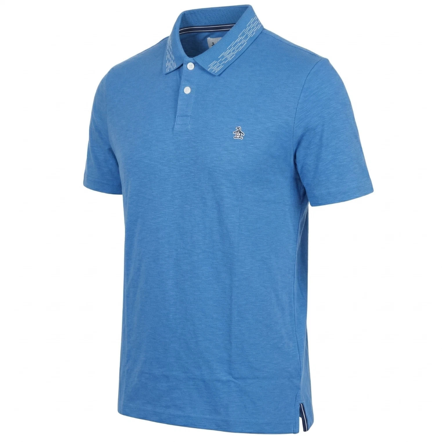 Original Penguin Mens Polo Shirt Medium Vallarta Blue Slub Jersey Tipped Collar