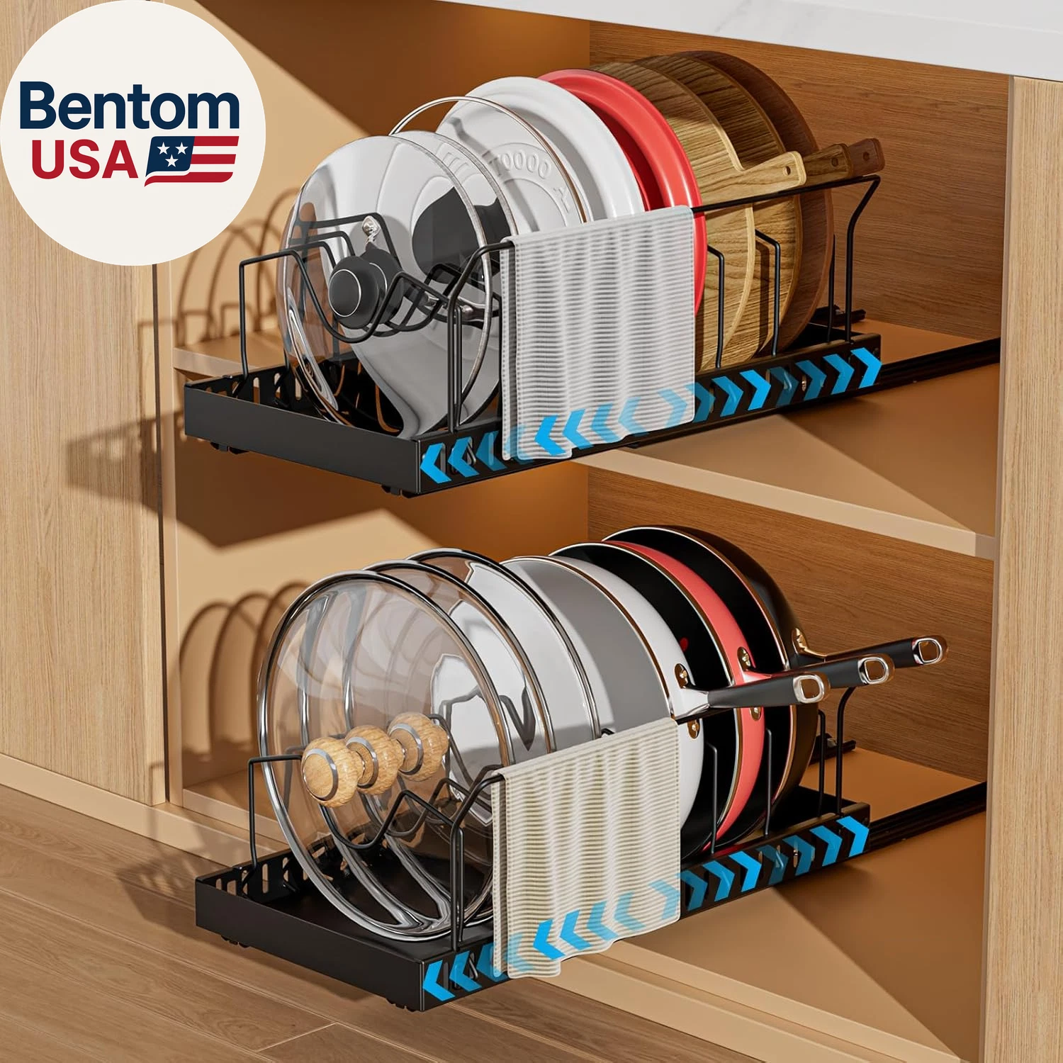 Pull-Out Pots and Pans Organizer, 2 Pack under Cabinet Pot Lid Holder, Slide Lid