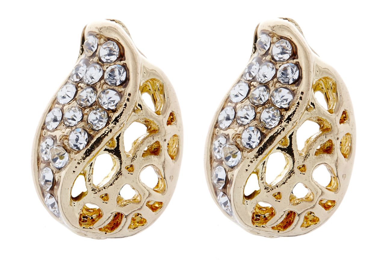 Gold Clip On Earrings - stud earring with clear cubic zirconia crystals - Helga