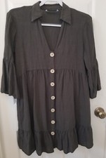 Zara Oversized Cottagecore Olive Linen Blend Buttoned Ruffle Mini Tunic Dress XS