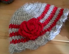 Youth Hand Crochet Hat, Red And Lite Gray , Size 6- 10 Years