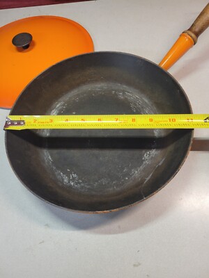 LE CREUSET #26 Cast Iron Orange Enamel Wood Handle Skillet Pan w