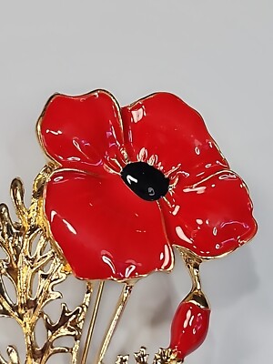 BEKECH Poppy Flower Brooch - Enamel Remembrance Pin For Veterans & Memorial Day
