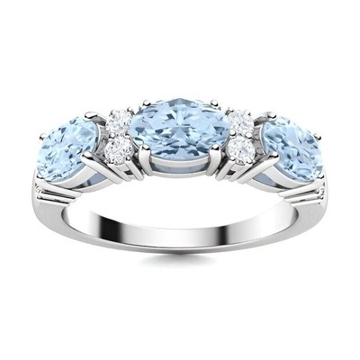 Aquamarine Brilliant-Cut Oval 6x4mm Three Stone Ring With Rhodium Plated