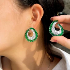 Trendy Silver Plated Green Cubic Zirconia Twisted Stud Drop Earrings Women Party