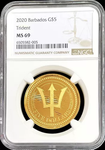 2020 GOLD BARBADOS TRIDENT 1 OZ COAT OF ARMS COIN NGC MINT STATE 69
