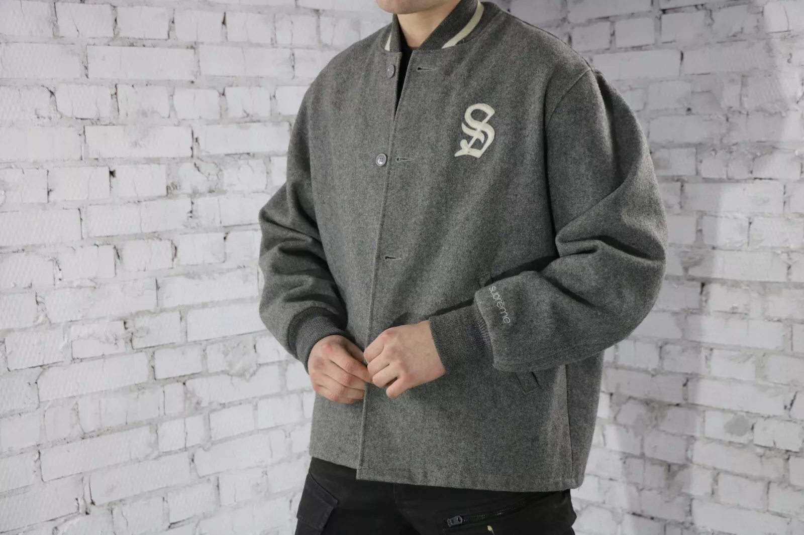 Veste vintage Supreme laine gris universitaire grande taille RARE