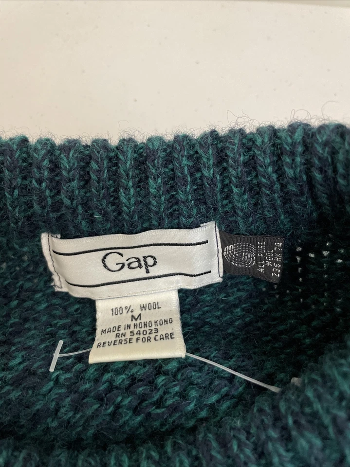 Vintage GAP Sweater Men's Medium Blue Green 100% Wool Ski Pullover Crew Neck - Image 3 of 4