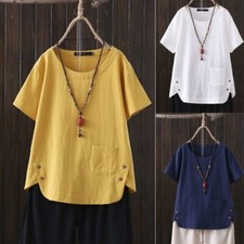 Summer Womens Cotton Linen Blouse Tops Ladies Loose Short Sleeve Pocket T-Shirt