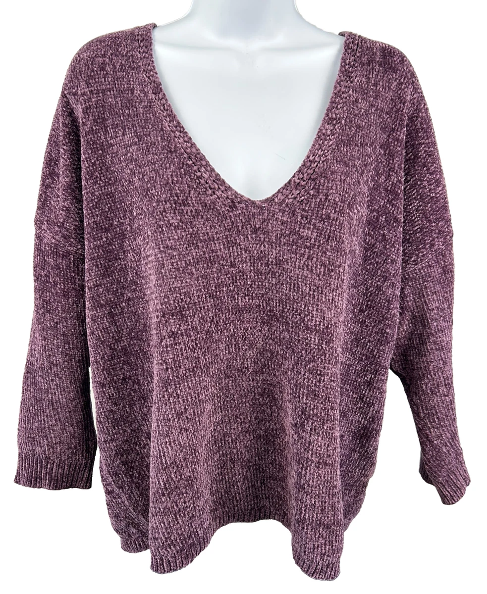 Express Chenille Velvet V Neck Pullover Knit Sweater Relaxed Fit Plum PurpleSz L