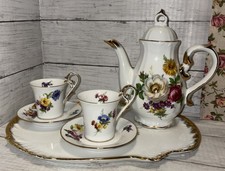 Vintage Porcelain Hand Painted Tea Set, Gold Trim Floral Motif 7 Pieces EUC