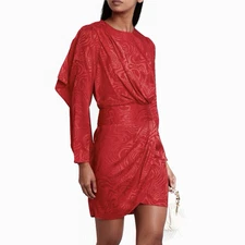 Ronny Kobo Large Red Satin Long Sleeve Shanaya Moire Mini Cocktail Dress