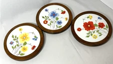 Wood & Ceramic Tile Trivet Set of 3 - Vintage Floral Red Yellow Blue