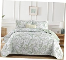 Boho Quilt Set Queen,Paisley Floral Pattern Bedspread Queen 96"W 90"L Green
