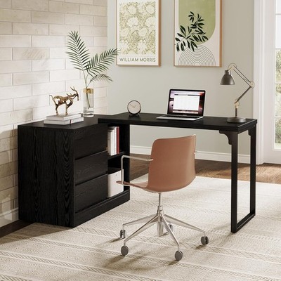Black L-Shaped Computer Desk with Drawers, Modern Reversible Corner Office Desk