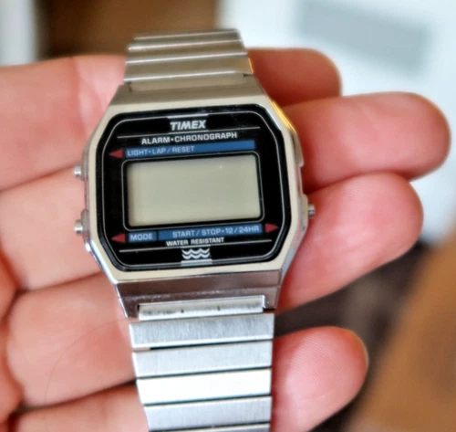 RARE Vintage Men's Timex Digital Watch Alarm Chronograph Silver Tone Timer LOOK