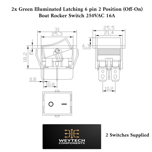 2x Green Latching 6 Pin 2 Position (Off-On) Rocker Switch 250VAC 16A - Picture 4 of 4
