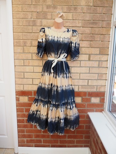 NEXT BLUE BEIGE TIE DYE PUFF SHORT SLEEVE SKATER MIDI BELTED VTG DRESS 8 S - Picture 3 of 9