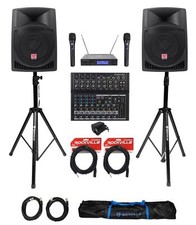  2 Rockville 12" 1600w Active PA/DJ Speakers Mackie Mixer Mic Stands Cables Bag