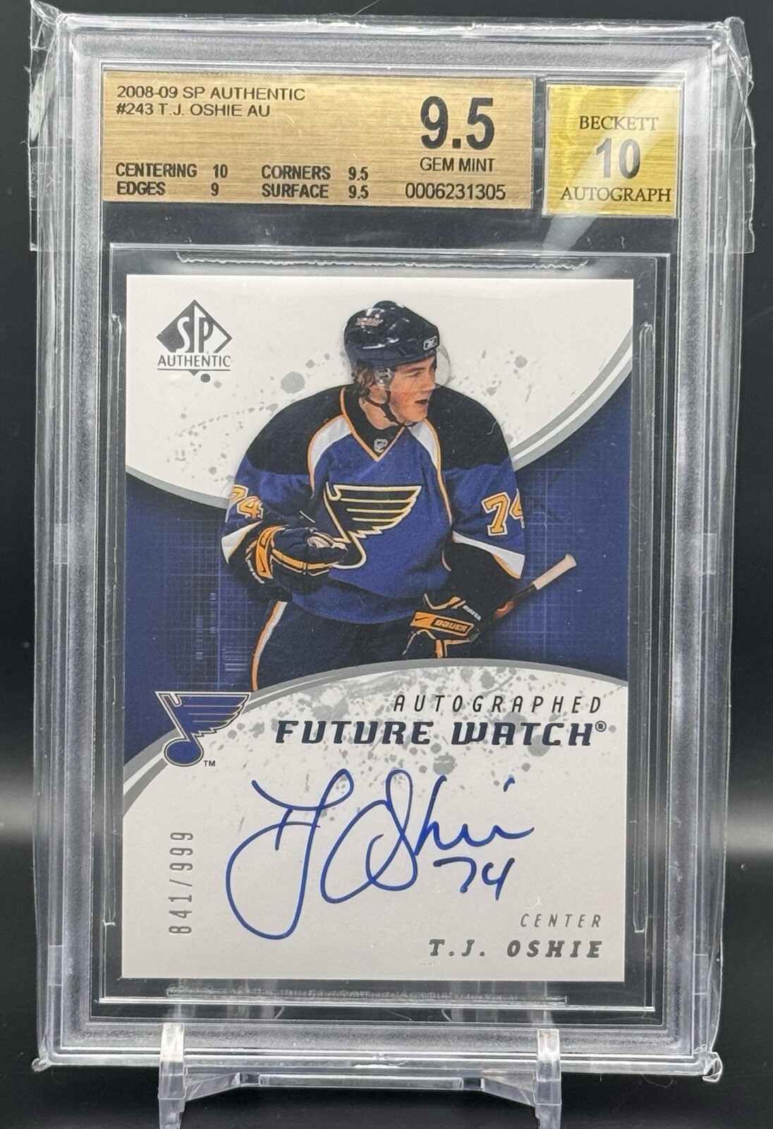 2008 SP Authentic Future Watch /999 TJ Oshie #243 BGS 9.5 GEM MT Rookie Auto RC