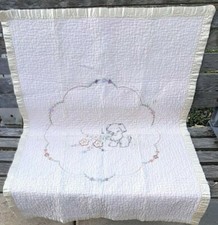 1950's Vtg. Baby Quilt Hand Embroidered Bear/Flowers Pink Well Worn 33"x43"