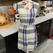 Old Navy Linen Blend Dress Sleeveless XS Elastic Waist Keyhole Back Plaid