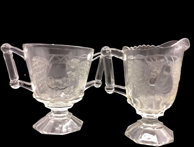 Vintage 1950 s Jeannette Clear Glass  Baltimore Pear  Creamer & Sugar Bowl