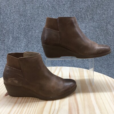 Hush Puppies Boots Womens 9M Ankle Bootie Brown Leather Pull On Wedge Almond Toe