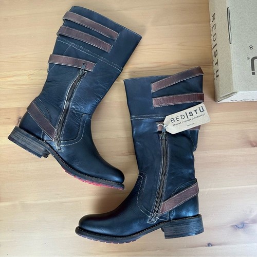 Bed Stu Dorset Boots Womens 9 Black Leather Buckle Calf Boots Rustic Teak