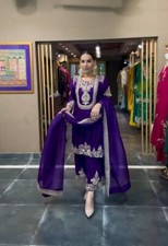 Wedding Wear Blue Chinon Silk Salwar Kameez With Dupatta For Women