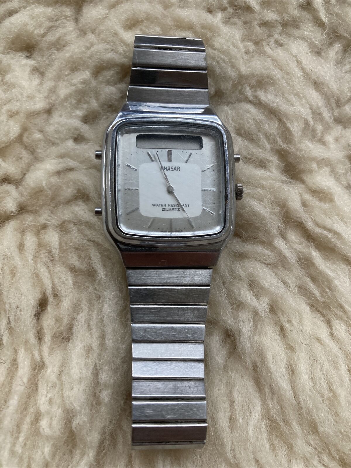 Vintage Phasar Men Silver Analog Digital Quartz Alarm Chrono Watch Sears Japan