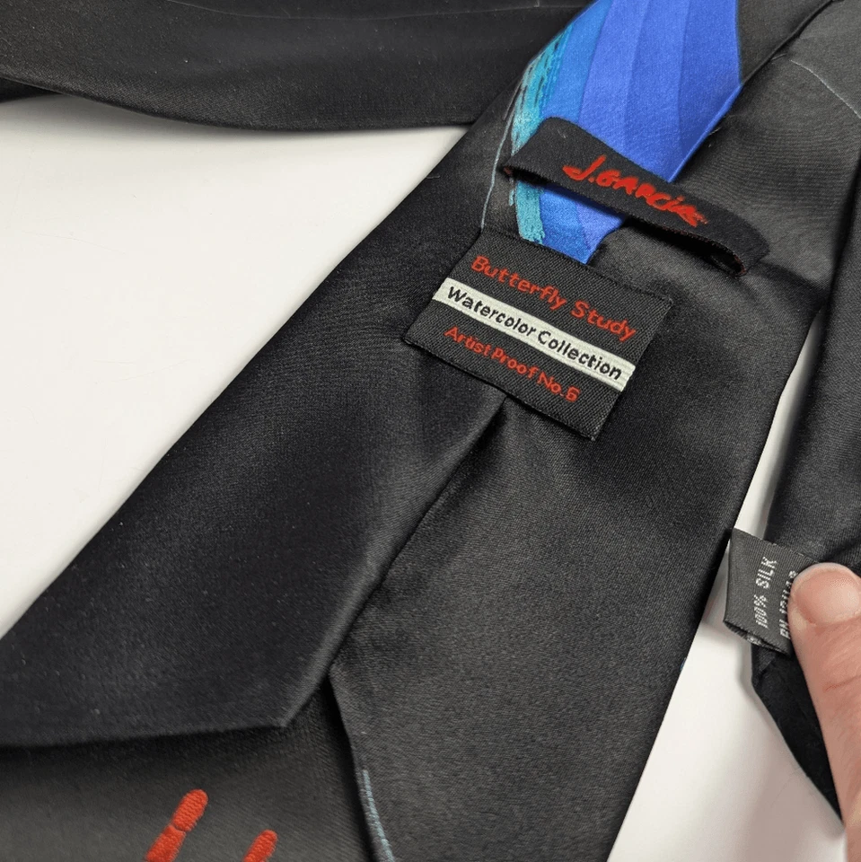 Corbata para hombre J. Garcia Butterfly Study acuarela negra azul turquesa seda Foto 4 de 4
