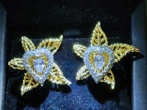 Heavy 18K Gold Platinum 1.14ctw Diamond Heart Earrings With Star Jackets 12.2gr - Picture 14 of 15