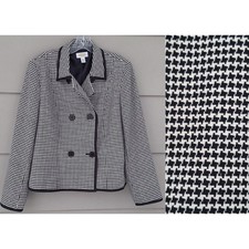TALBOTS Houndstooth Ladys Jacket Double Breasted Blazer Black White Wool Silk 12