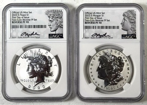 2023-S Reverse Proof Morgan & Peace Silver Dollars 2pc Set NGC PF70 FDOI - RYDER