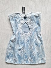 PLT Light Blue Acid Wash Contrast Lace Bandeau Denim Mini Dress Size 12 BNWT