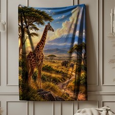 African Savanna Giraffe Elephants Coral Fleece Blanket