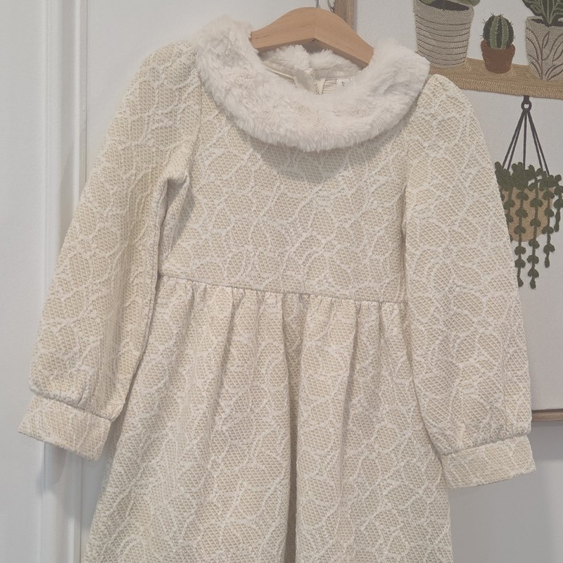 Janie and Jack Girls Size 4 Ivory Gold Floral Jacquard A-Line Faux Fur Dress