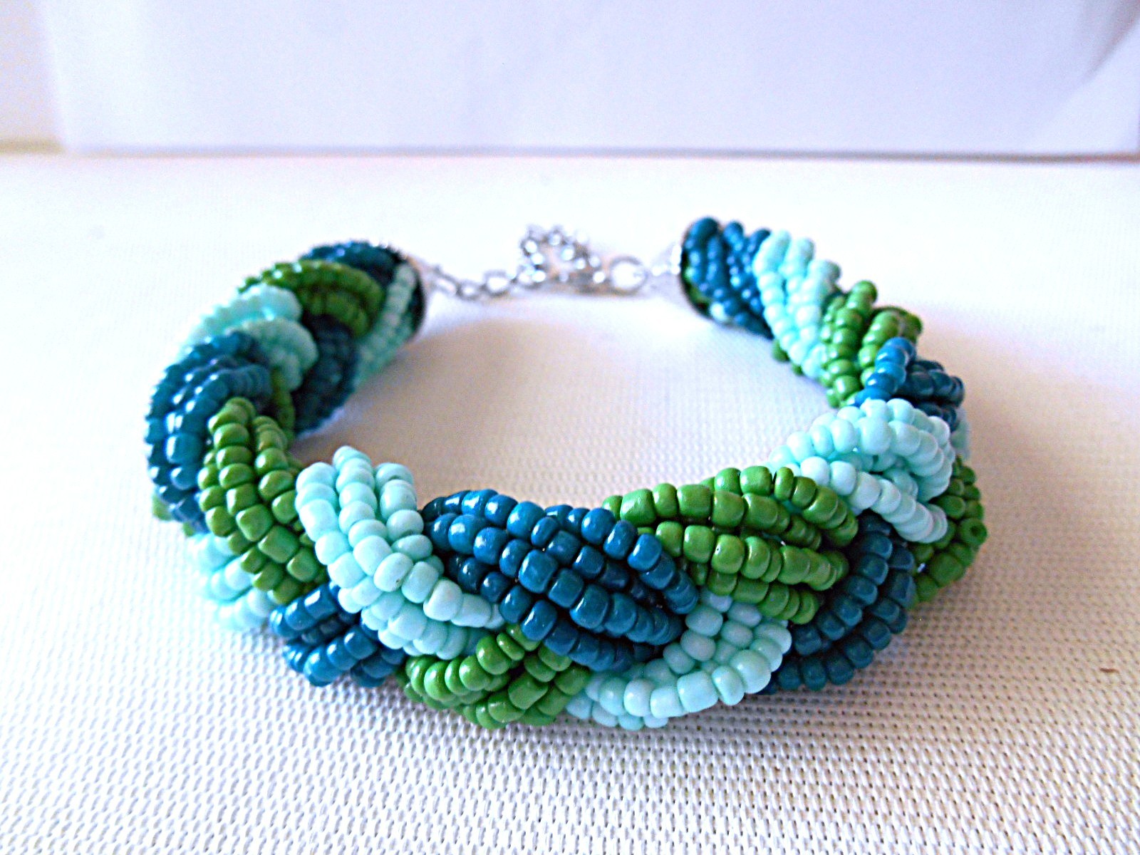 Silvertone & Green / Blue Braided Seed Bead Bracelet