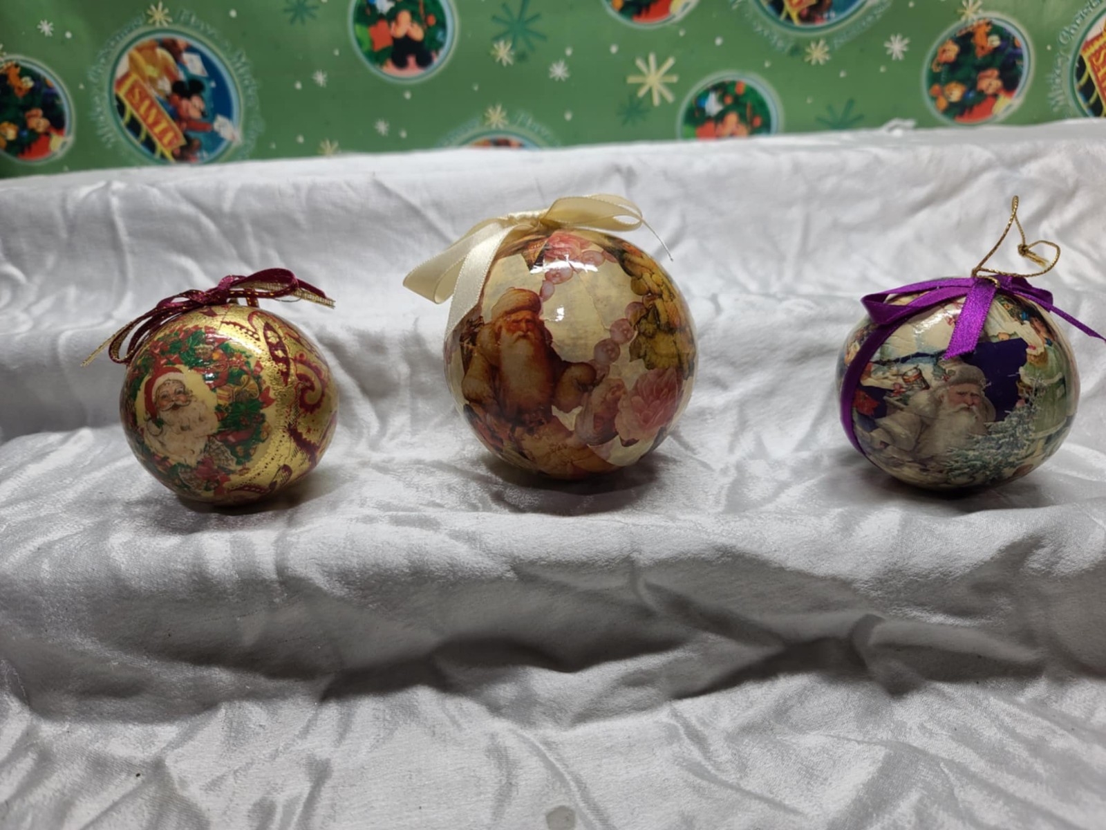 Lot Of 3 vintage Victorian style decoupage Ball Christmas Ornaments